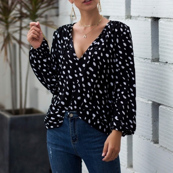 Women Boho Polka Dot V Neck Blouse Top Black - Picture 2 of 4